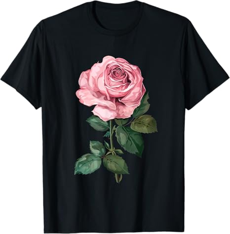 Black t-shirt with a pink rose design on a white background