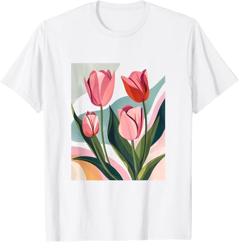 White t-shirt with pink tulip design on a white background