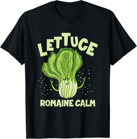 Black t-shirt with a cartoon lettuce design and text on a white background