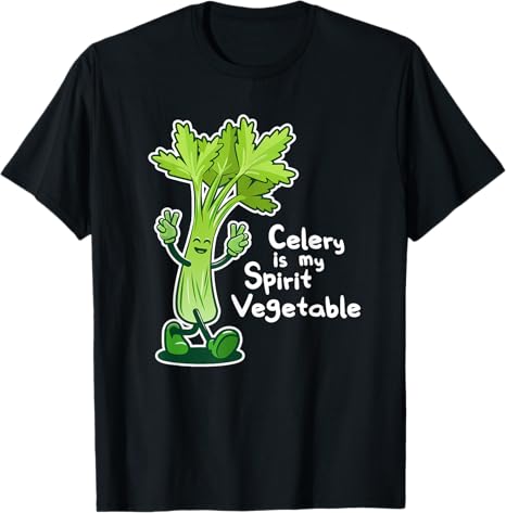 Black t-shirt with a cartoon celery character and text on a white background