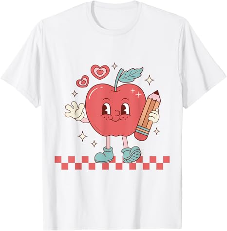White t-shirt with a cartoon apple character holding a pencil on a white background