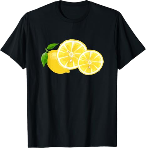Black t-shirt with yellow lemon design on a white background