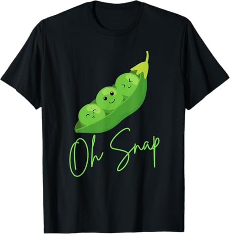 Black t-shirt with a green pea pod graphic and 'Oh Snap' text on a white background